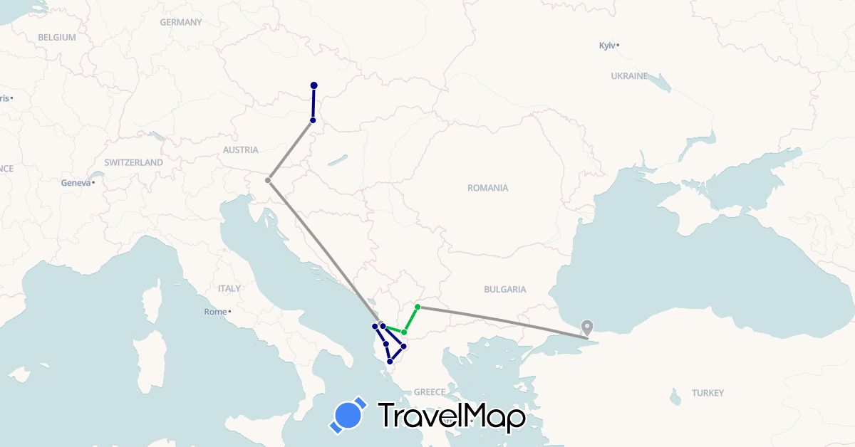 TravelMap itinerary: driving, bus, plane in Albania, Austria, Czech Republic, Macedonia, Slovenia, Turkey (Asia, Europe)