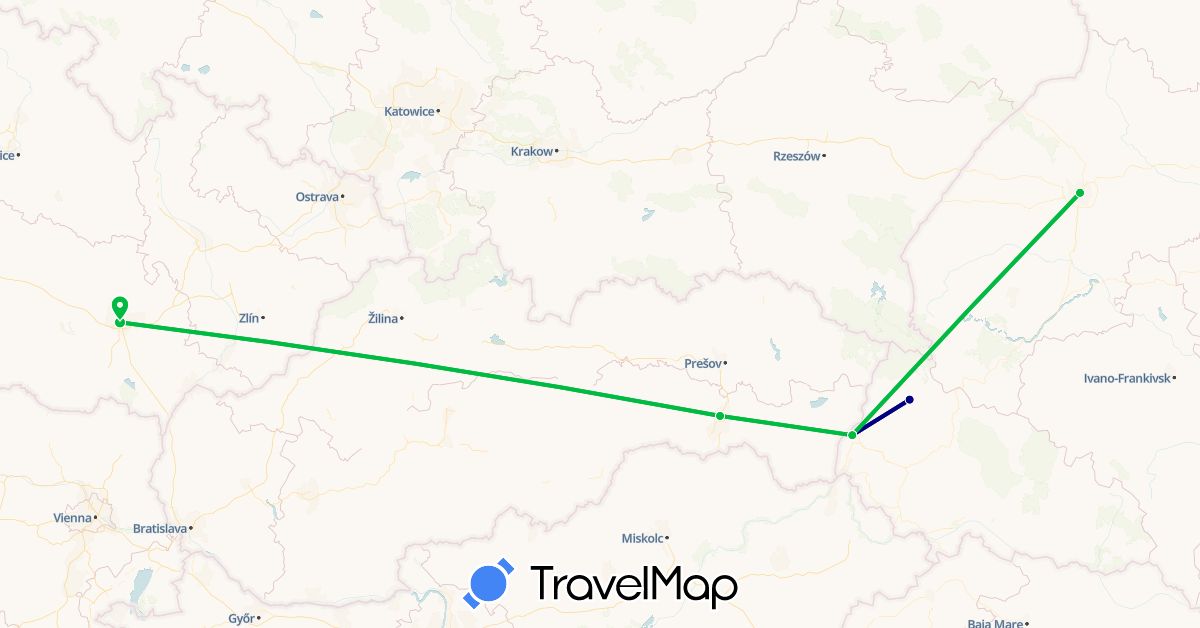 TravelMap itinerary: driving, bus in Czech Republic, Slovakia, Ukraine (Europe)