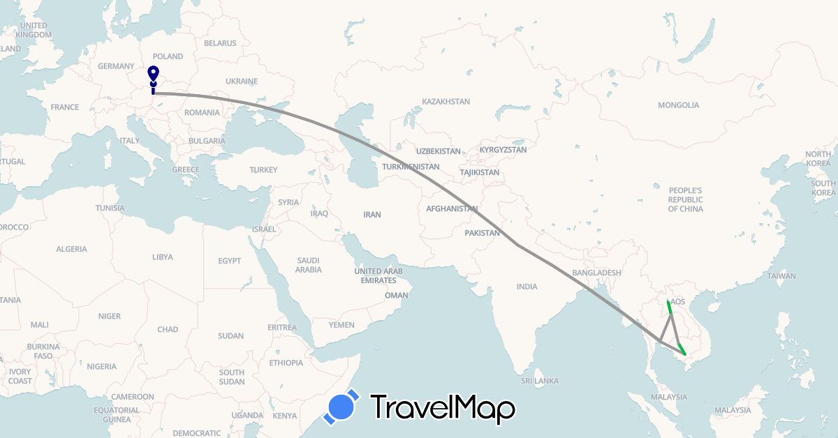 TravelMap itinerary: driving, bus, plane in Austria, Czech Republic, India, Cambodia, Laos, Thailand (Asia, Europe)