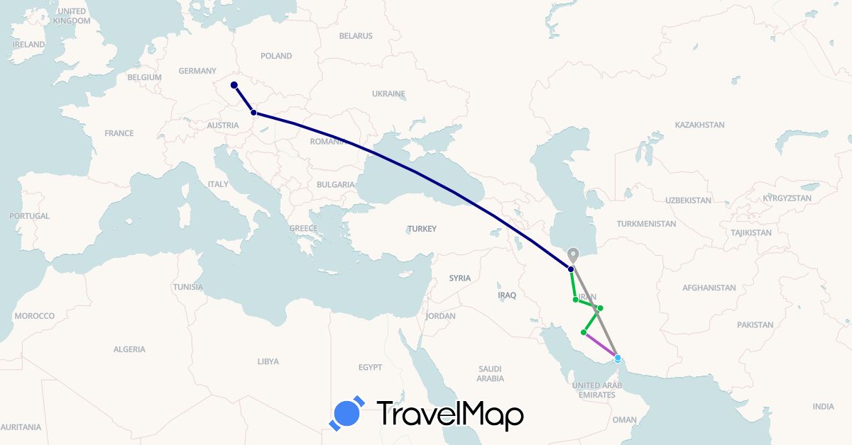 TravelMap itinerary: driving, bus, plane, train, boat in Austria, Czech Republic, Iran (Asia, Europe)
